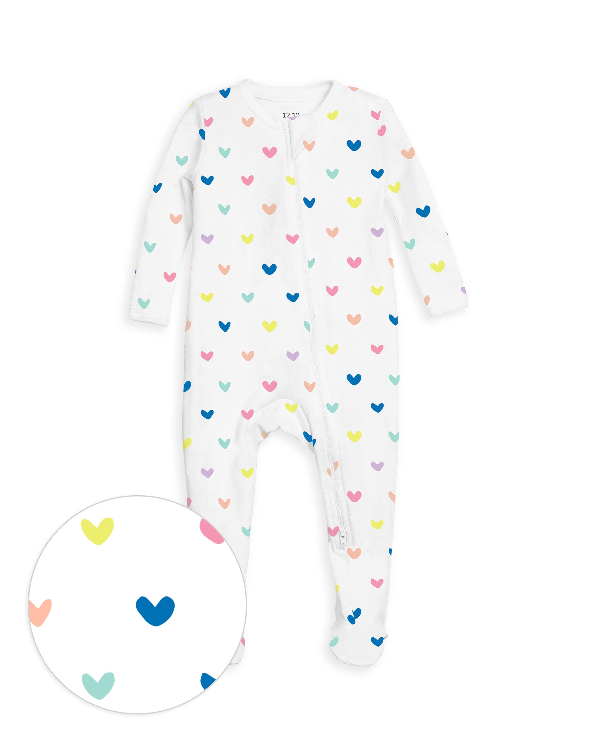 12:12 Baby organic pima cotton onesie with colorful heart pattern on a white background