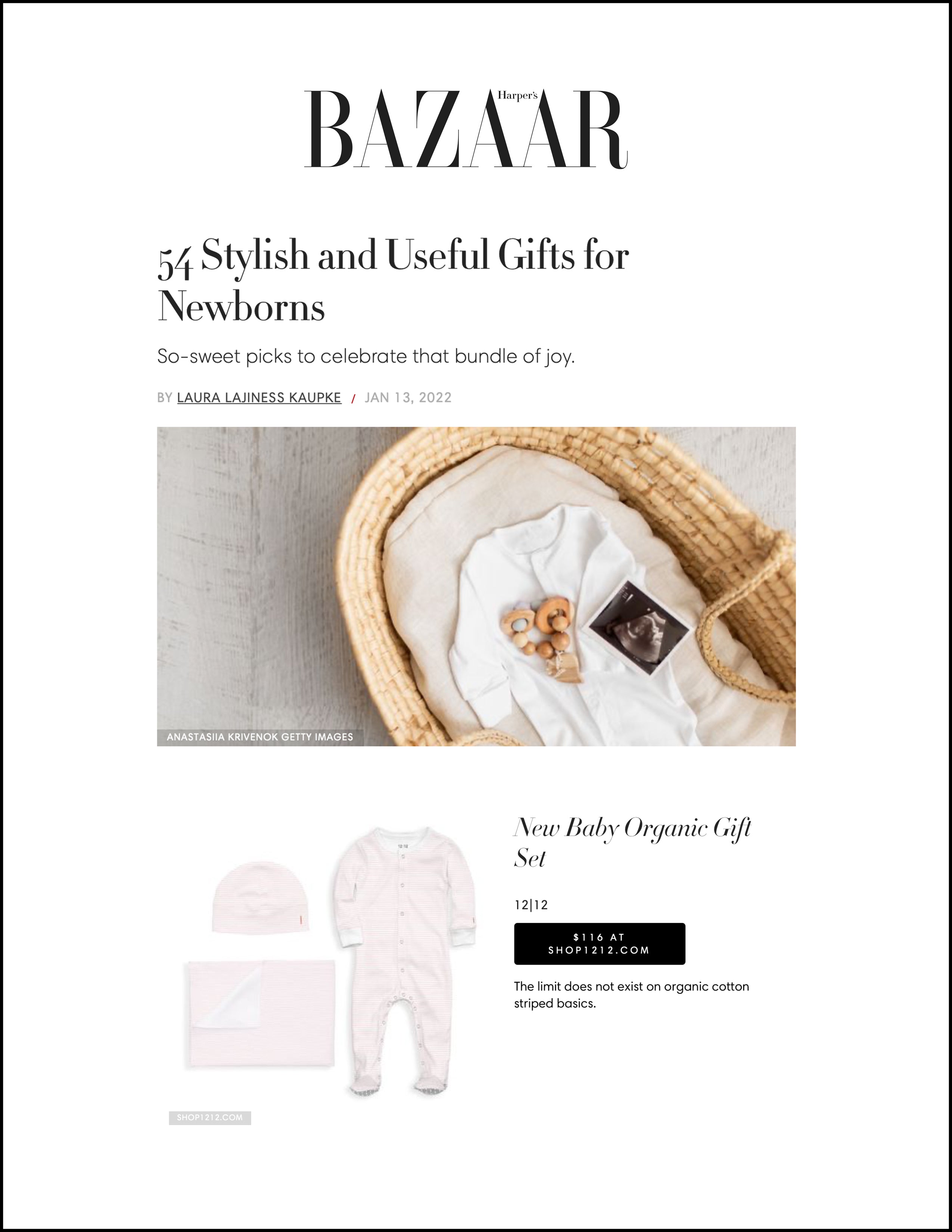 12|12 on Harper's Bazaar list of 54 Stylish and Useful Gifts for Newborns