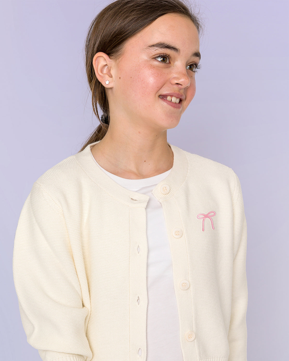 The Organic Garter Stitch Cardigan Small Bow [Cream]