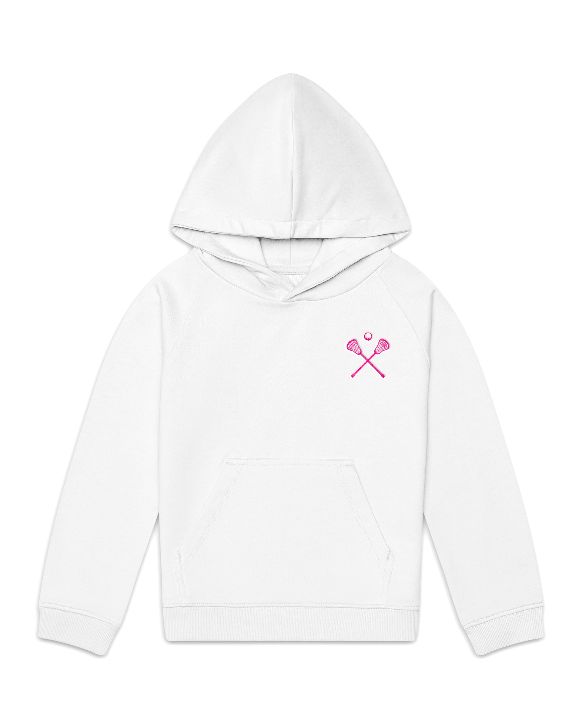 The Organic Embroidered Hoodie Sweatshirt [White with Neon Pink Lacrosse]