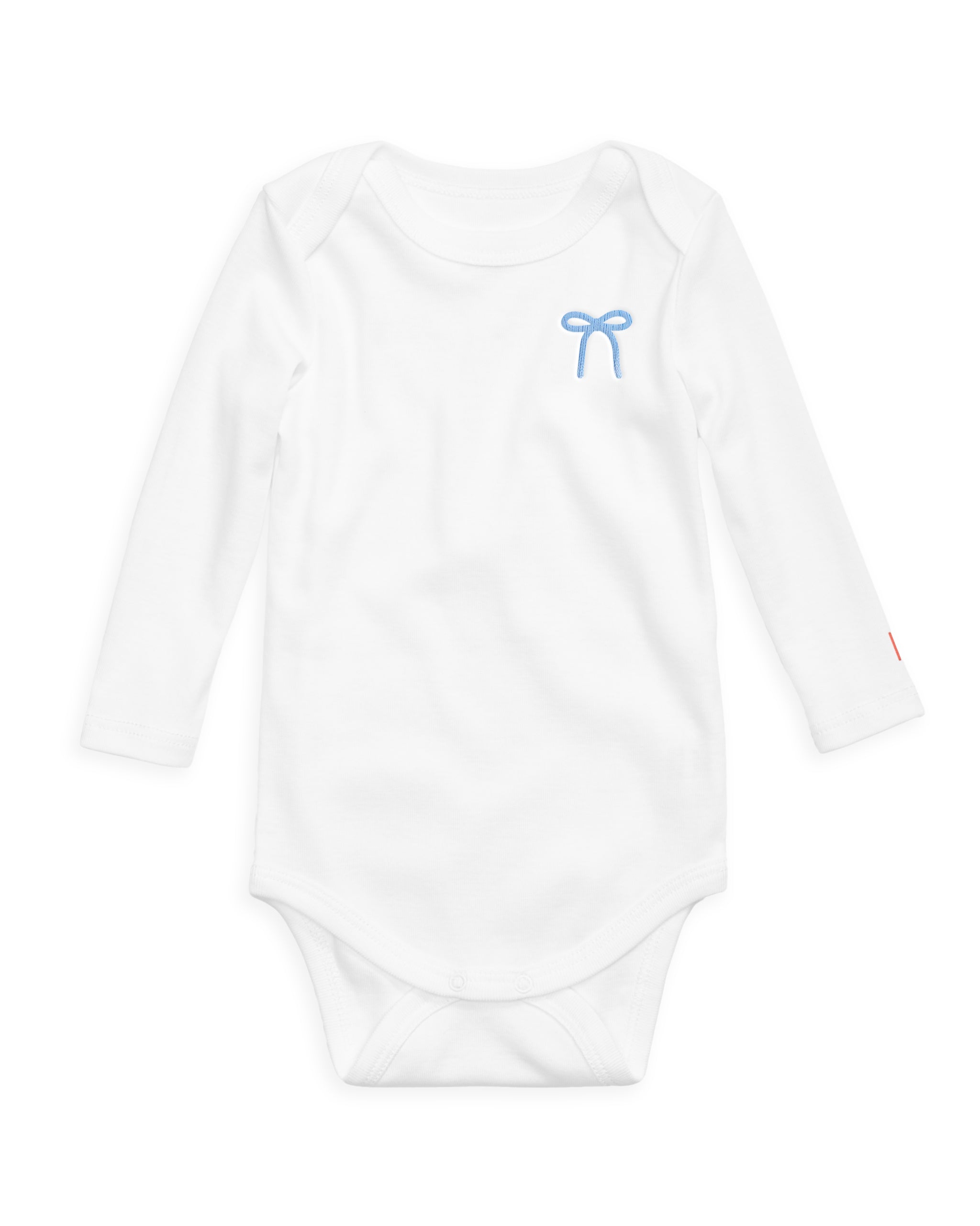 The Organic Embroidered Long Sleeve Onesie [White with Blue Bow]