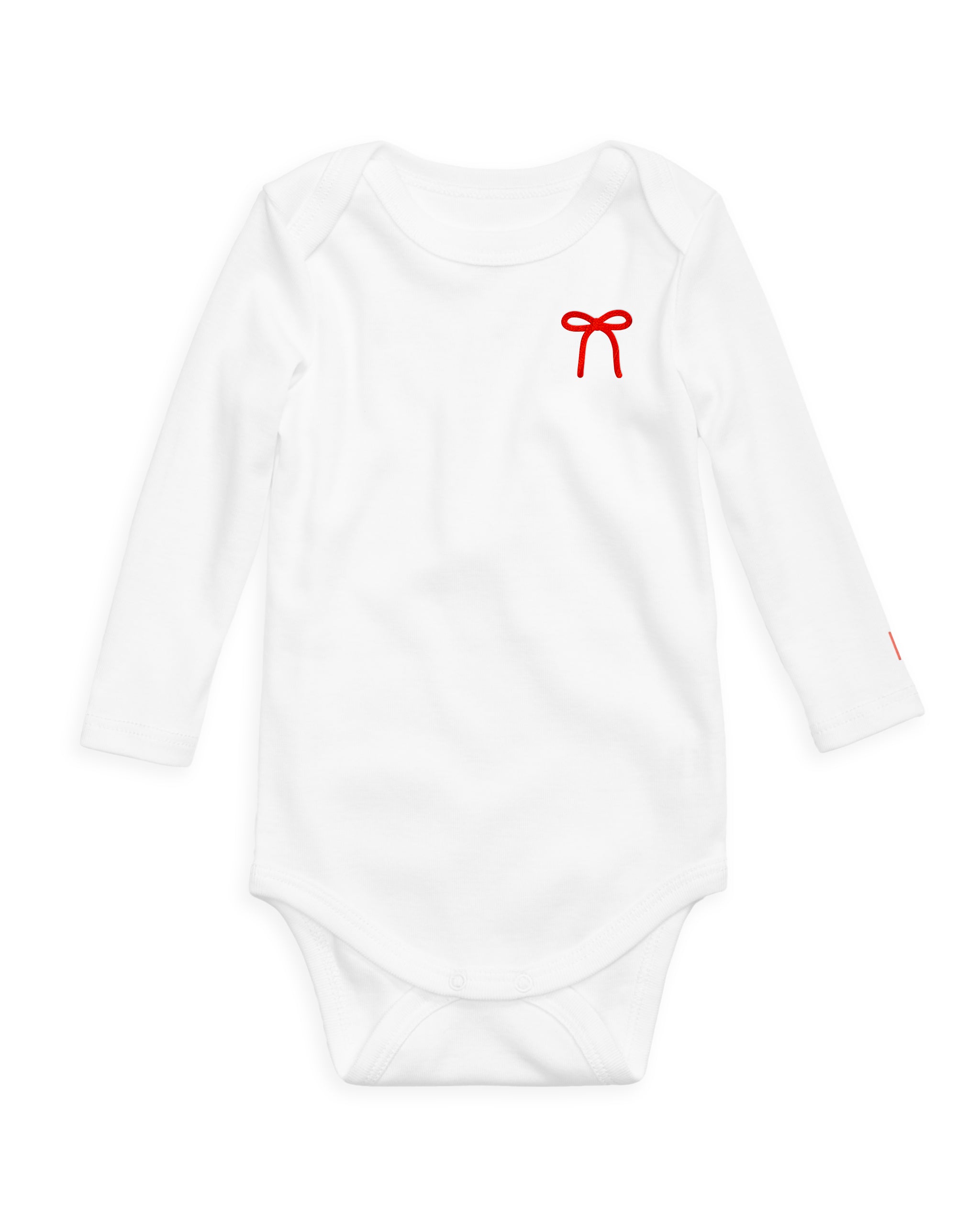 The Organic Embroidered Long Sleeve Onesie [White with Red Bow]