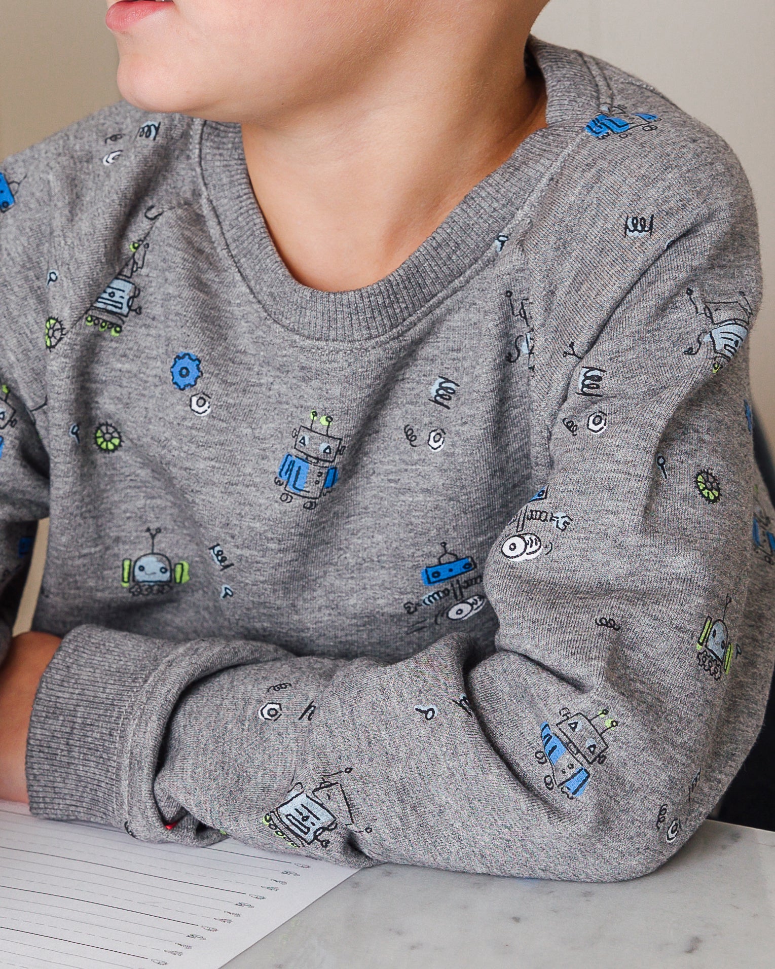 The Organic Printed Pullover Sweatshirt [Heather Grey Neon Robots]