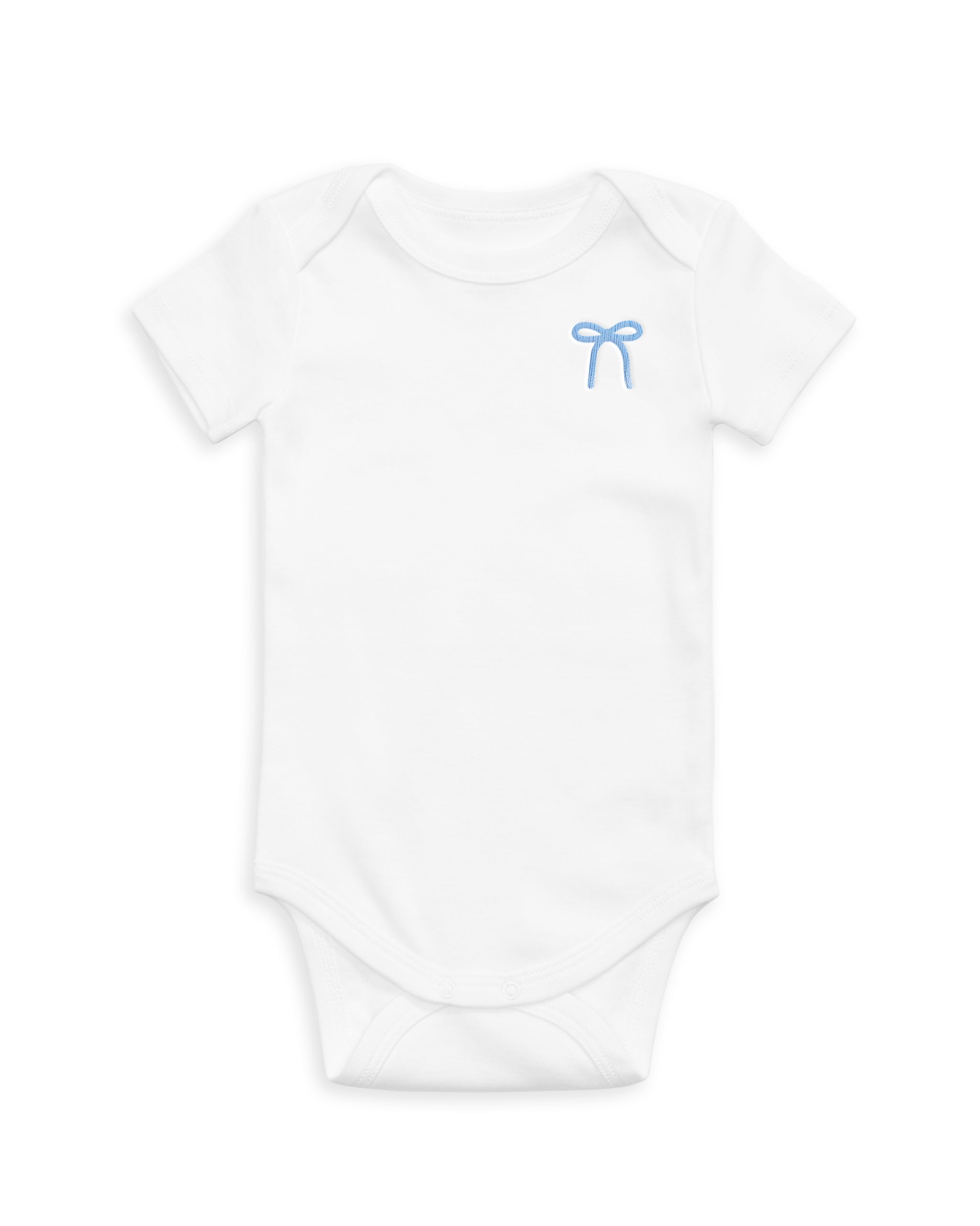 The Organic Embroidered Short Sleeve Onesie [White with Blue Bow]