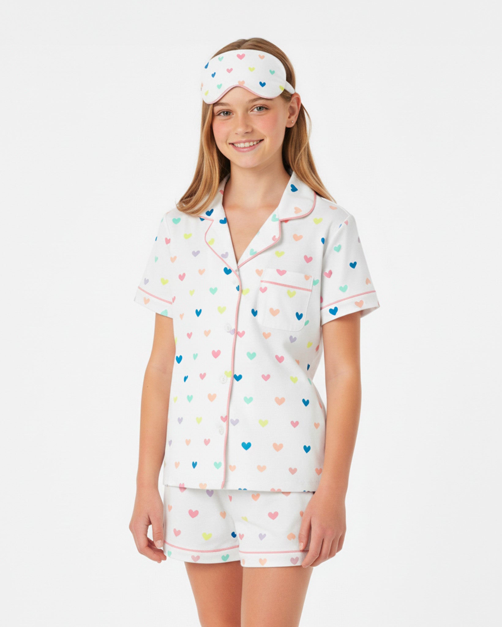 Women's Organic Polo Pajama Set with Shorts [Rainbow Hearts]