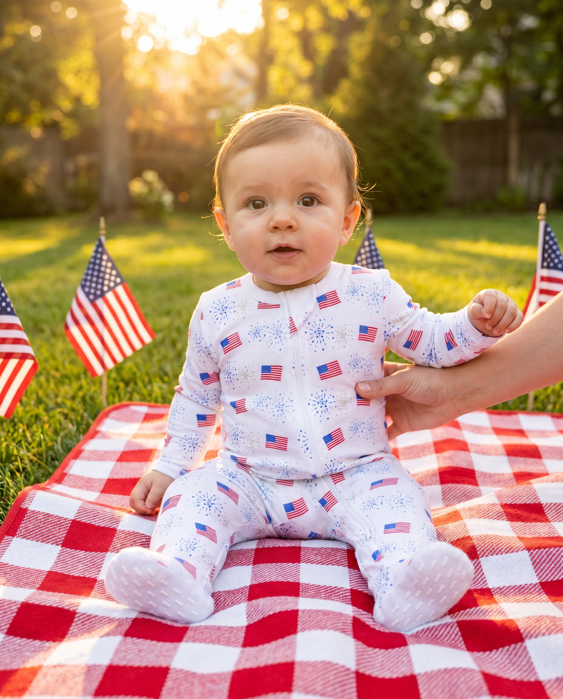 The Organic Zipper Footie [Flags and Fireworks]