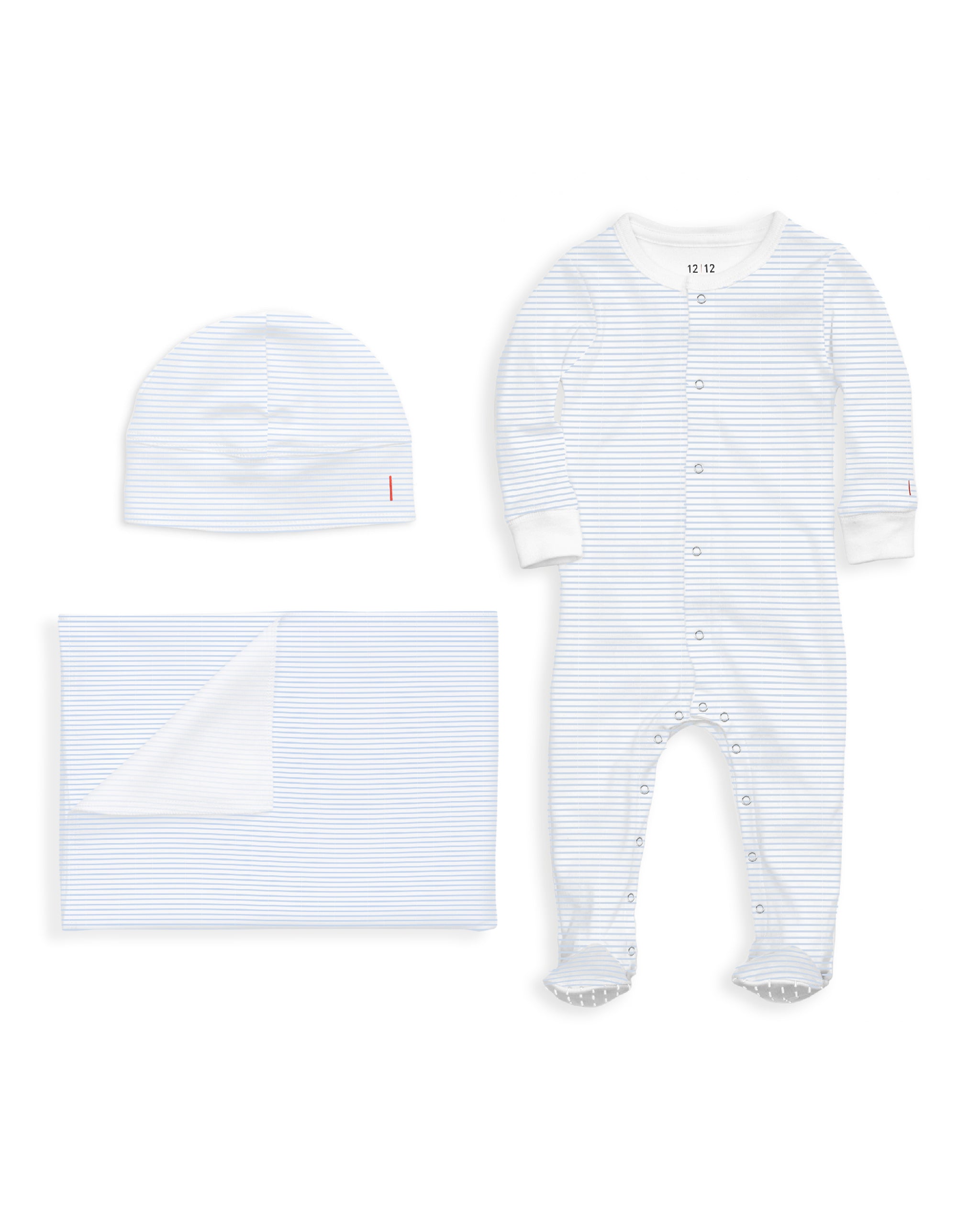 Organic Blanket Footie and Hat Baby Gift Set Light Blue Stripe #color_Light Blue Stripe